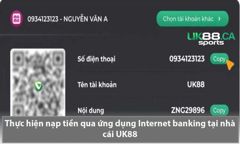 Thực hiện nạp tiền qua ứng dụng Internet banking tại nhà cái UK88